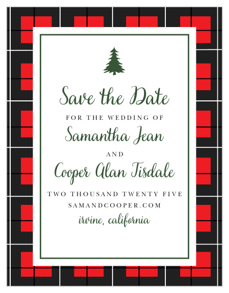 Set the tone for your rustic winter wedding with the Cozy Plaid Save-the-Date Cards. 