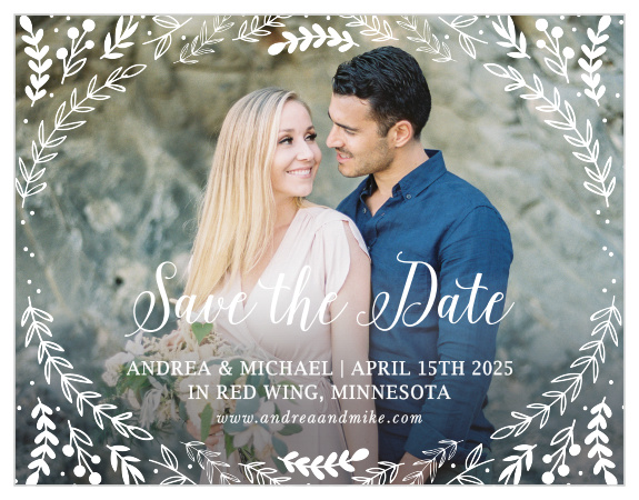 Whimsical greenery surrounds your photo on the Romantic Evergreen Save-the-Date Magnets.