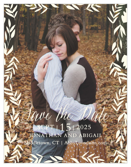 Autumn foliage surrounds your picture on the Fall Harvest Save-the-Date Cards.