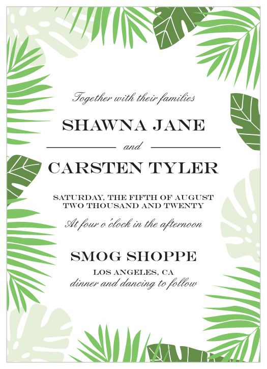 Various summery foliage creates a border for the Tropical Palm Wedding Invitations.