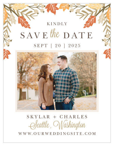 Gorgeous autumn foliage adorns the top of your cards on the Falling Leaves Save-the-Date Cards.