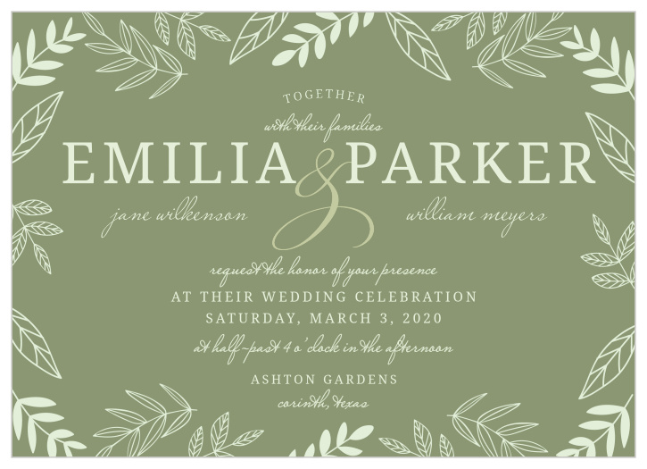 Delicate leaves frame the text of the Secret Garden Wedding Invitations.