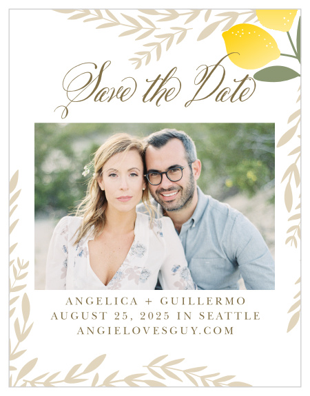Illustrated lemons and graceful leaves give the Summer Citrus Save-the-Date Cards a fresh, airy feel. 