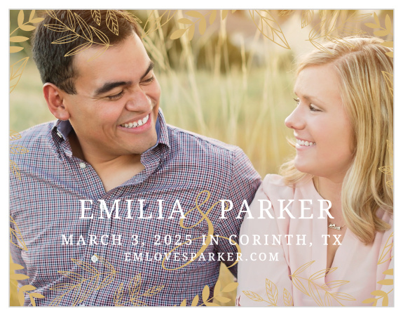 Delicate leaves frame your picture on the Secret Garden Foil Save-the-Date Magnets
