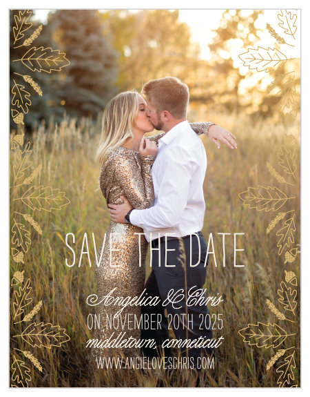 Prepare friends and family for your fall wedding with the Elegant Autumn Foil Save-the-Date Cards.
