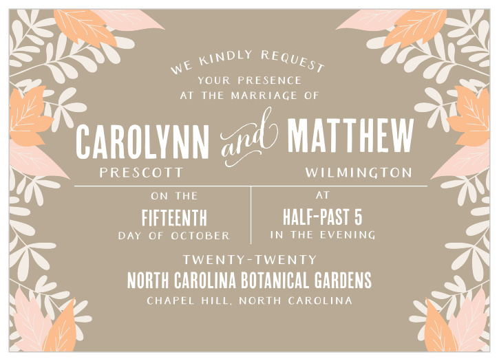 Illustrated leaves decorate the sides of the Autumn Foliage Wedding Invitations.
