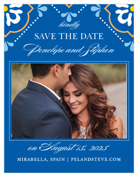 Stylized florals in bright colors decorate the top of the Spanish Tile Save-the-Date Cards. 
