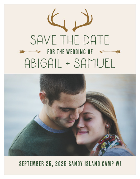 Trendy antlers and arrows accent the Summer Camp Weekend Save-the-Date Cards.