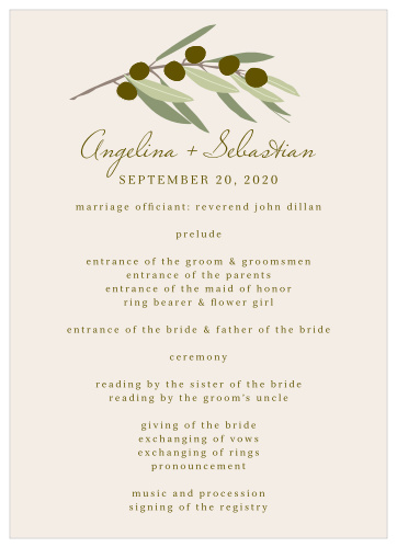 Willowy olive branches accent the text on the Mediterranean Romance Wedding Programs.
