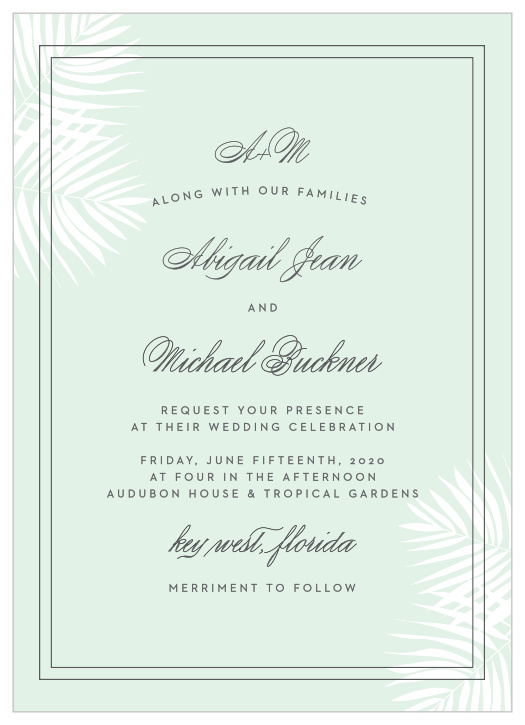 Delicate palm fronds peek from the corners of the Palm Beach Wedding Invitations.