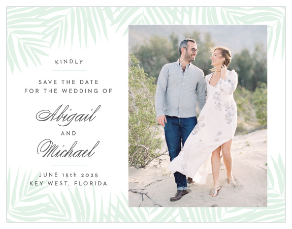 Delicate palm fronds create borders along the top and bottom of the Palm Beach Save-the-Date Cards.