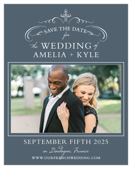 Graceful swirls and regal embellishments add to the luxury of the Old World Winery Save-the-Date Cards.