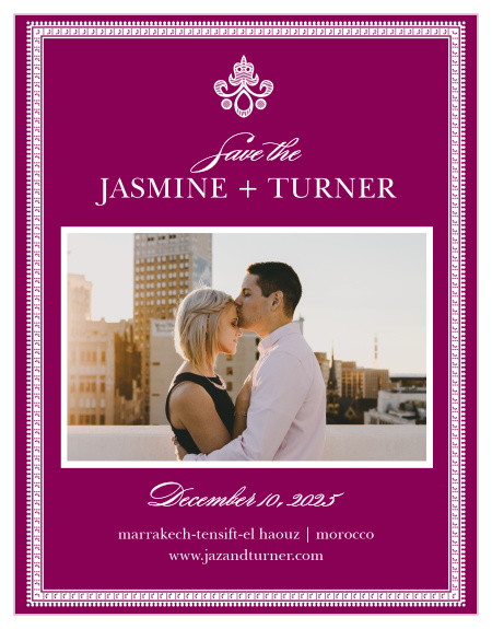 Rich details complement your engagement photo on the Moroccan Frame Save-the-Date Magnets.