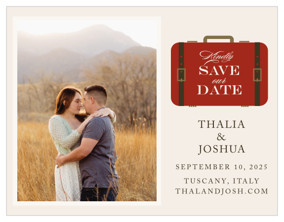Tell guests to pack their bags for your destination wedding with the Lavish Luggage Save-the-Date Cards. 
