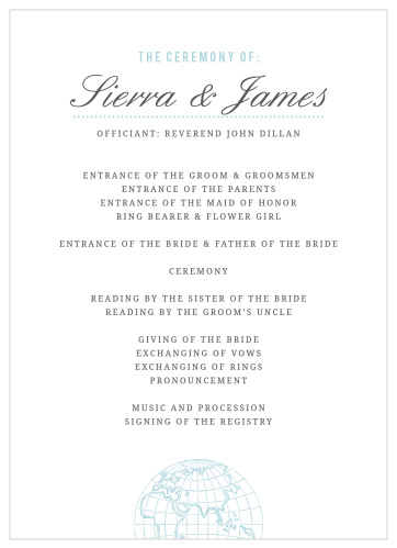 The Bon Voyage Wedding Programs' two-sided design organizes your ceremony schedule with the fun yet chic attitude of the Bon Voyage Wedding Invitation Suite. 