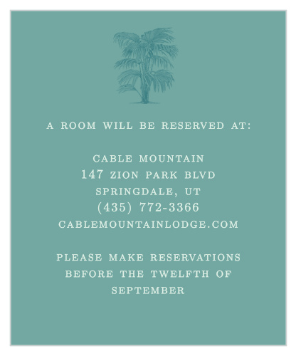 A beautiful illustration of palms decorates the top of the Palms of Paradise Accommodation Cards. 