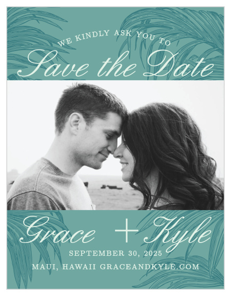 Prepare guests for your tropical destination wedding with the Palms of Paradise Save-the-Date Cards. 