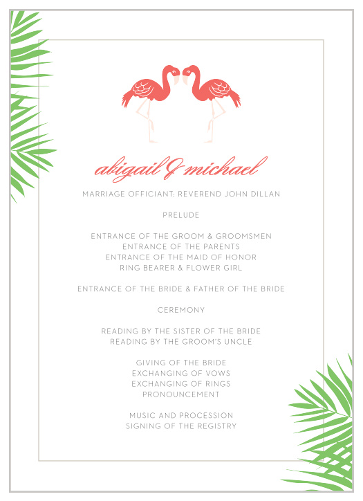 Layout the details for your carefree destination wedding with the Tropical Flamingo Wedding Programs.