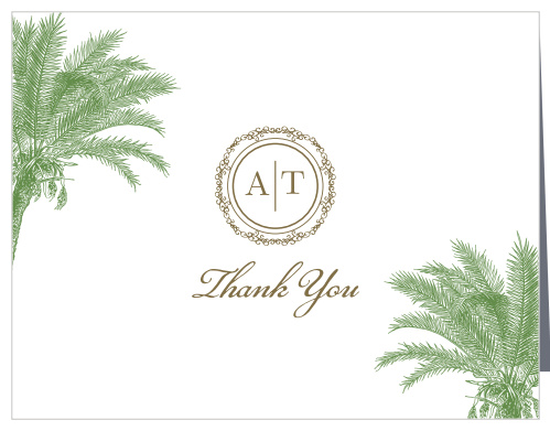A beautifully ornate circle holds your monogram on the Caribbean Palm Thank You Cards.