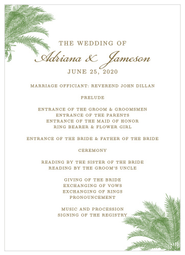 Finely drawn palms grace the corners of the Caribbean Palm Wedding Programs. 