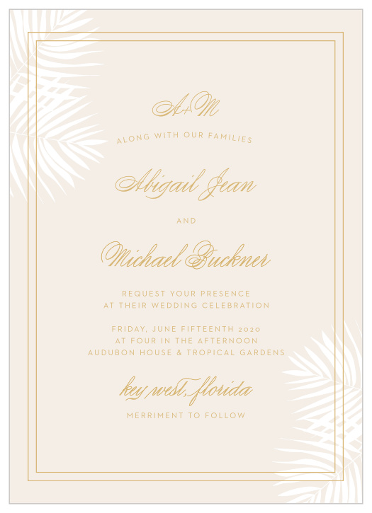 Delicate palm fronds peek from the corners of the Palm Beach Foil  Wedding Invitations. 