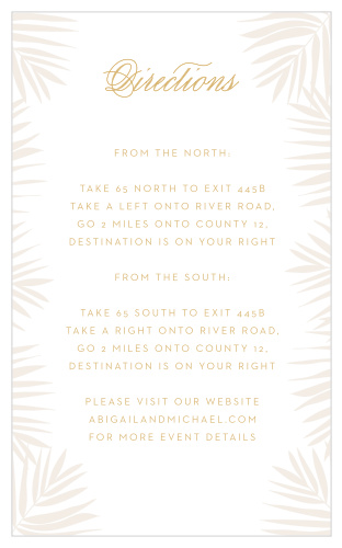 Delicate palm fronds fan either side of the Palm Beach Foil  Direction Cards. 