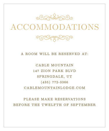 Wonderfully ornate scrolls frame the title of the Caribbean Palm Foil Accommodation Cards. 