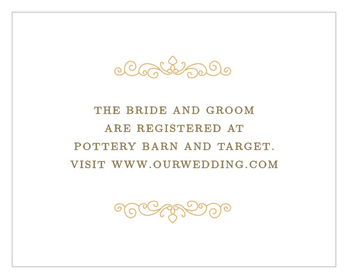 Beautifully ornate scrolls in gold or silver foil frame your text on the Caribbean Palm Foil Registry Cards.