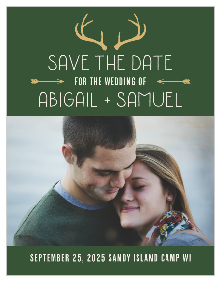 Trendy antlers and arrows accent the Summer Camp Weekend Foil Save-the-Date Magnets.