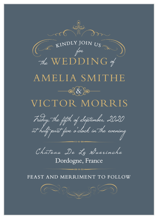 Regal swirls and embellishments accent the text on the Old World Winery Foil Wedding Invitations.