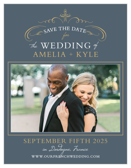 Graceful swirls and regal embellishments add to the luxury of the Old World Winery Foil Save-the-Date Cards