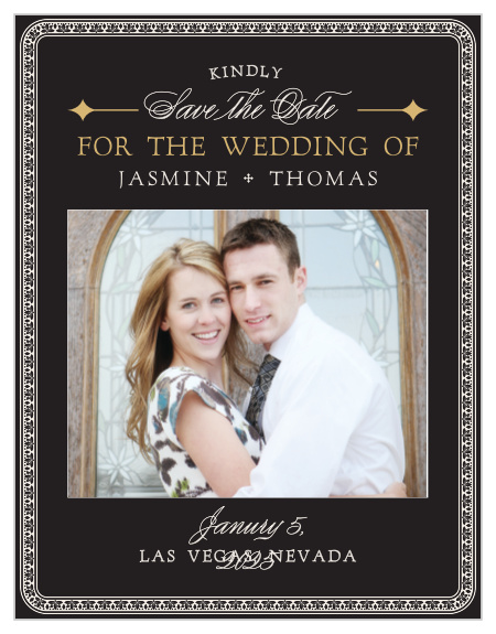 Announce your casino-themed wedding with the Lady Luck Foil Save-the-Date Magnets. 