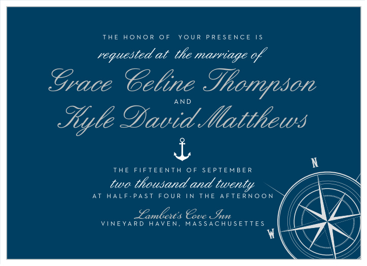 Invite friends and family to your sea-themed destination wedding with the Nautical Compass Foil Wedding Invitations. 