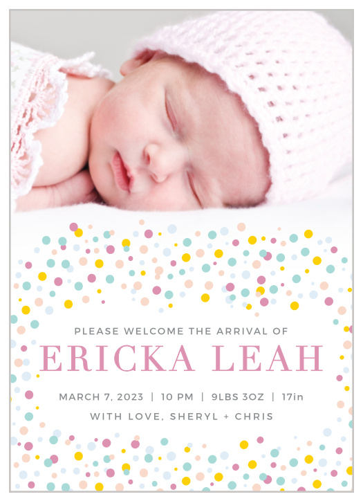 Colorful confetti frames the text of the Dancing Dots Birth Announcements. 