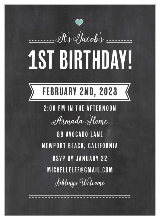 Invite friends and family to your child’s first party with the Chalkboard Writing First Birthday Invitations. 