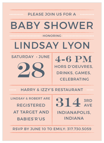 Neat lines and dots give the Dotted Lines Girl Baby Shower Invitations sophisticated structure.