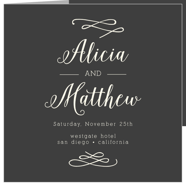 Your names are featured prominently in a fanciful font on the Whimsical Calligraphy Storybook Wedding Invitations. 