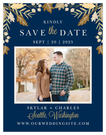 Gorgeous autumn foliage adorns the top of your cards on the Falling Leaves Foil Save-the-Date Magnets.