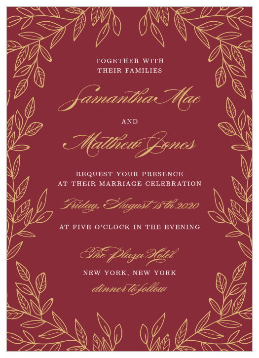 Enchanting leaves in gold or silver foil encircle your text on the Romantic Vines Foil Wedding Invitations from the Love Vs Design Collection at Basic Invite. 