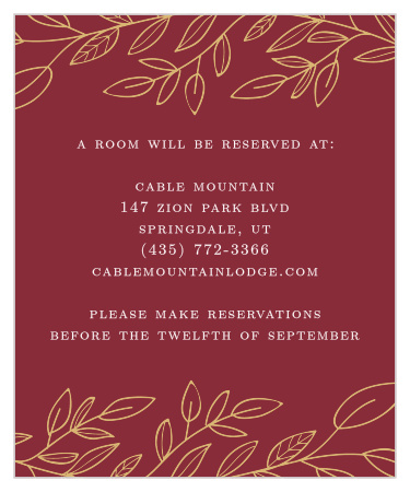 Enchanting leaves trail along the top and the bottom of the Romantic Vines Foil Accommodation Cards from the Love Vs Design Collection at Basic Invite. 
