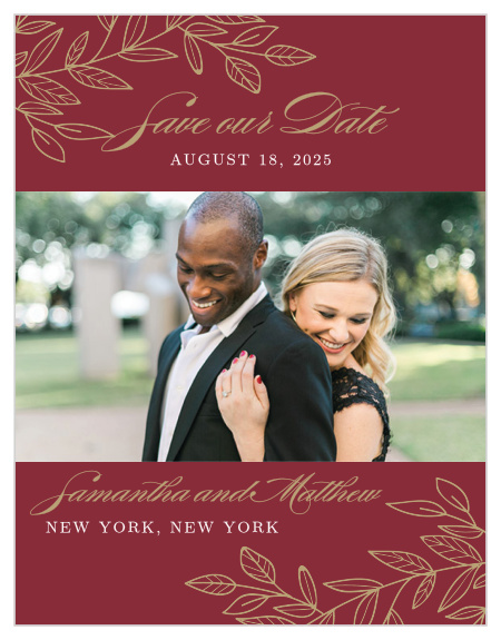 Enchanting leaves decorate the corners of the Romantic Vines Save-the-Date Cards from the Love Vs Design Collection at Basic Invite.