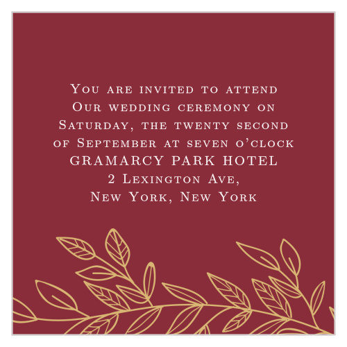 Add additional wedding information to the Romantic Vines Foil Ceremony Cards from the Love Vs Design Collection at Basic Invite. 