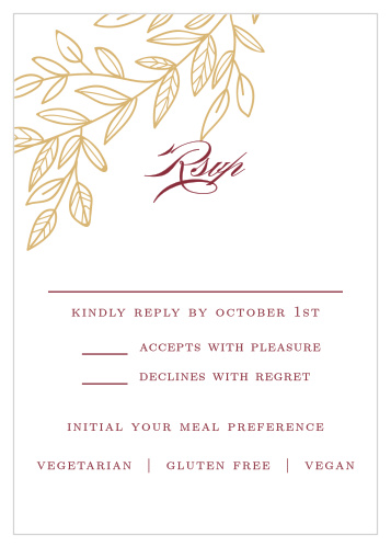 Personalize your custom RSVP cards with the Romantic Vines Foil Response Cards.