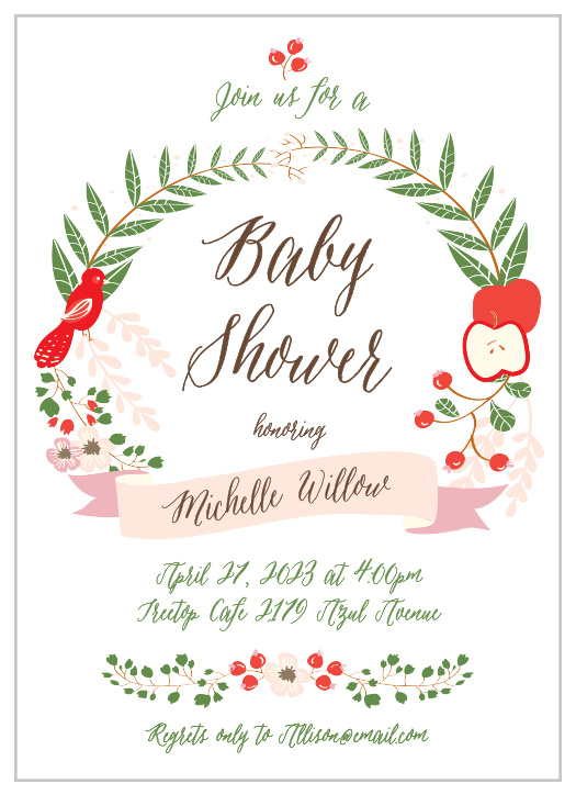 A wreath of foliage, fruit and a bird make the Whimsical Forest Baby Shower Invitations perfect for a woodland theme baby shower. 