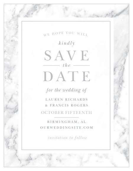 Announce your upcoming union with the cultivated sophistication of the Cool Marble Save-the-Date Magnets. 