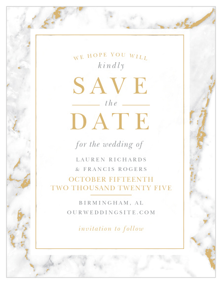 Announce your upcoming union with the cultivated sophistication of the Cool Marble Foil Save-the-Date Cards. 