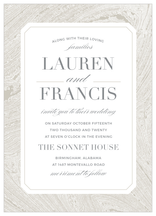 Invite guests to celebrate your upcoming union with the dignified beauty of the Marbled Paper Wedding Invitations. 