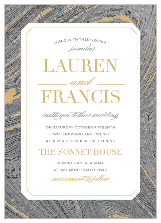 Invite guests to celebrate your upcoming union with the dignified beauty of the Marbled Paper Foil Wedding Invitations. 