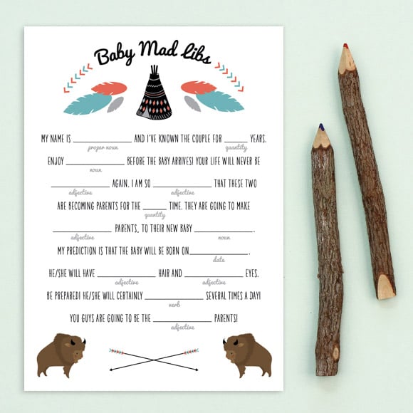These Mad Libs are a fun game to play at a baby shower! The designs can be downloaded instantly.The card size is 5" x 7" and they are set up 2 on a page.This is a Digital Item for you to print on your own, no printed cards will be mailed to you.&nbsp;After you purchase this item, you'll receive a confirmation email. In this email click on the link "Teepee Mab Libs PDF" to instantly download your PDF.