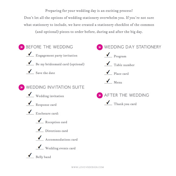 Preparing for your wedding day can be an exciting, yet overwhelming process. However, don&rsquo;t let all the options of wedding stationery worry you because we are here to help! If you&rsquo;re not sure what stationery to include, we have created a stationery checklist of the common (and optional) pieces to order before, during and after the big day. We will also cover the details you will need for each piece to make your wedding stationery experience a breeze!